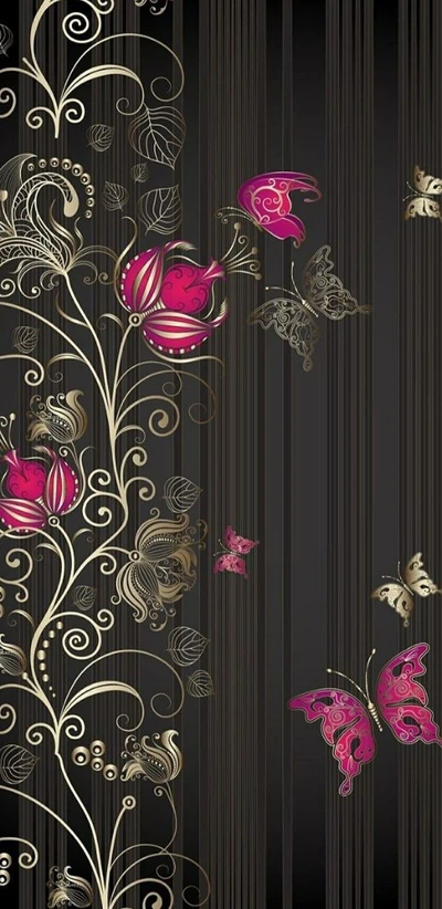 Elegant Pink Butterflies Among Golden Floral Designs