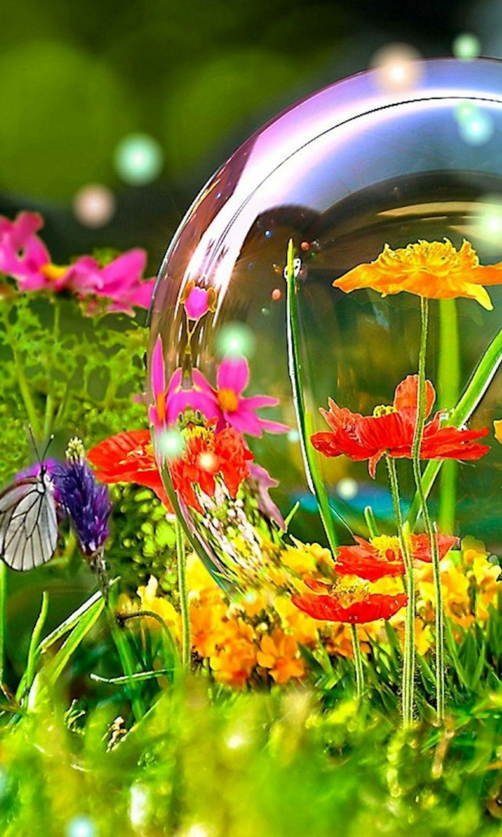 There is a glass ball with flowers inside of it (bubble, colourful, flowers, summer)