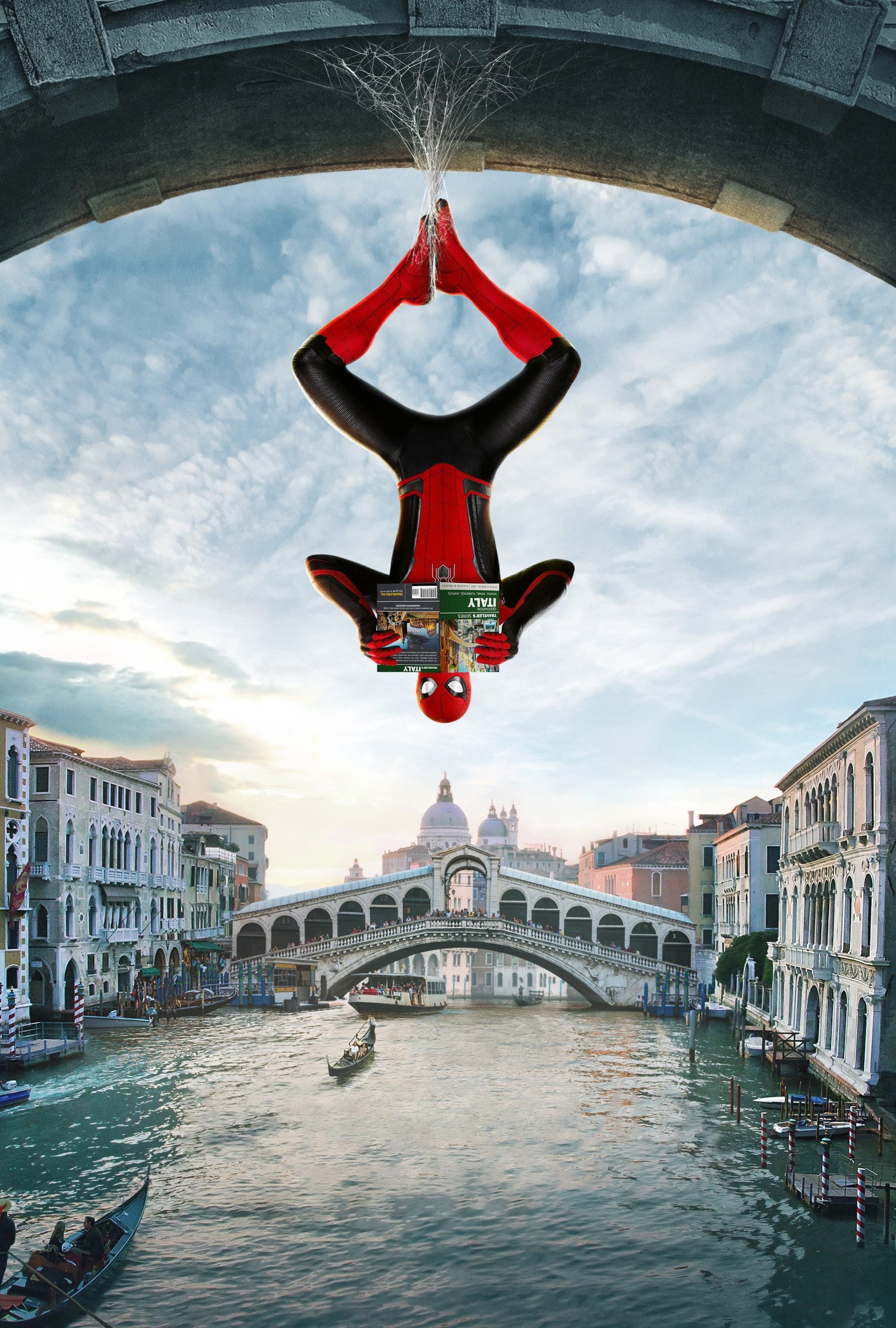 Spider - man hanging upside down over a canal in venice (far from home, marvel, mcu, spider man, spiderman)