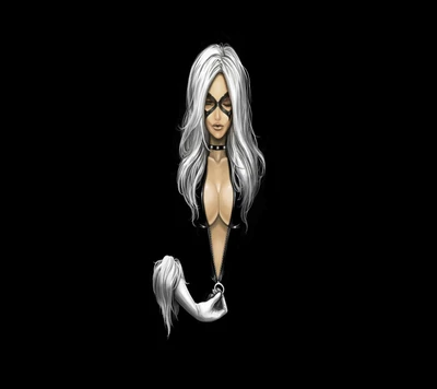 A striking illustration of a woman with long silver hair and a black mask, holding a zipper that opens to reveal her form.