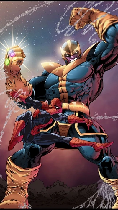 Thanos agarrando a Spider-Man: Choque de héroes de Marvel