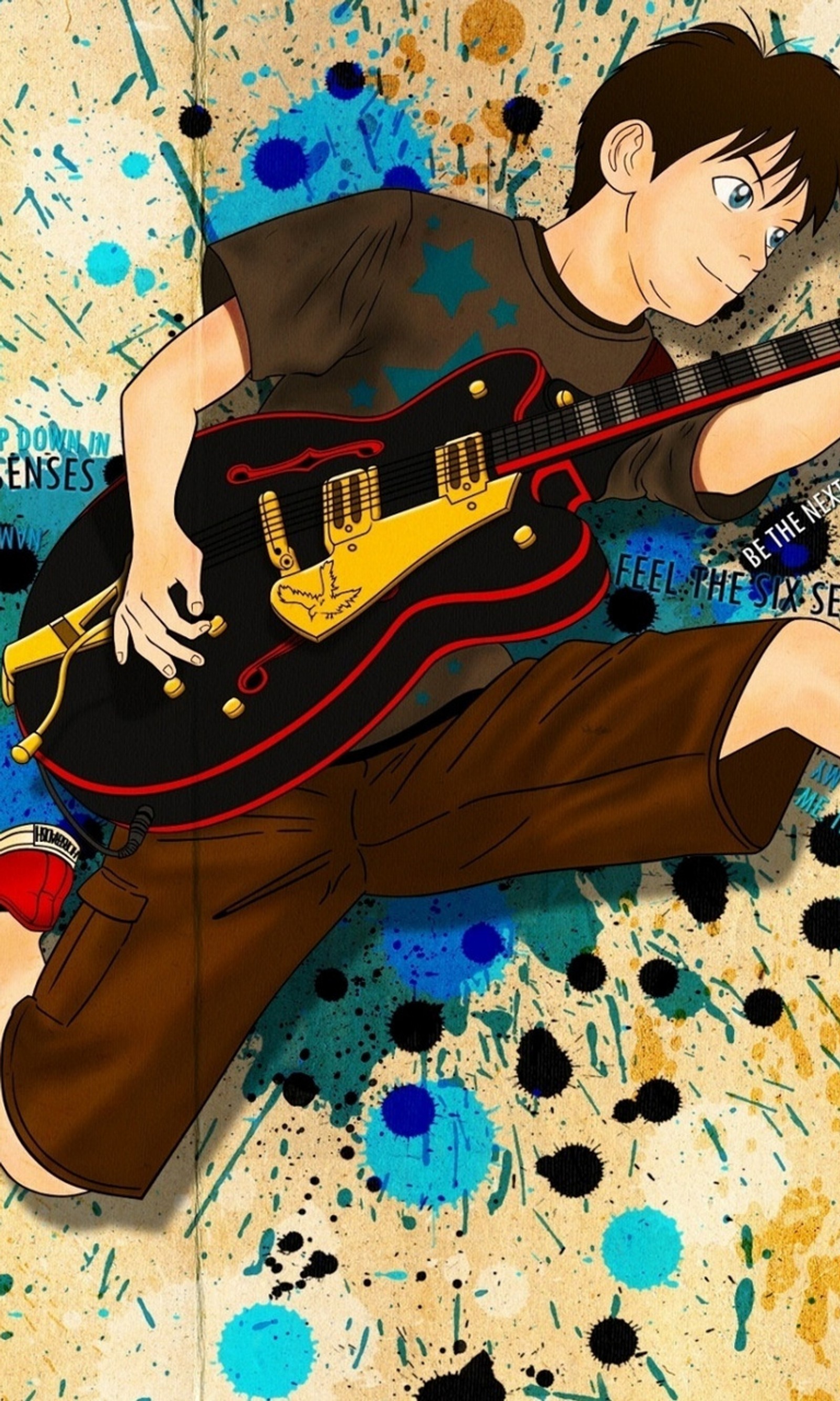 Caricatura de un hombre tumbado en el suelo con una guitarra (anime, caricatura, guitarra, héroe, música)