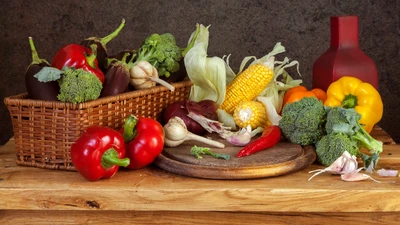 Vibrant Still Life of Fresh Vegetables and Garlic on a Rustic Wooden Surface