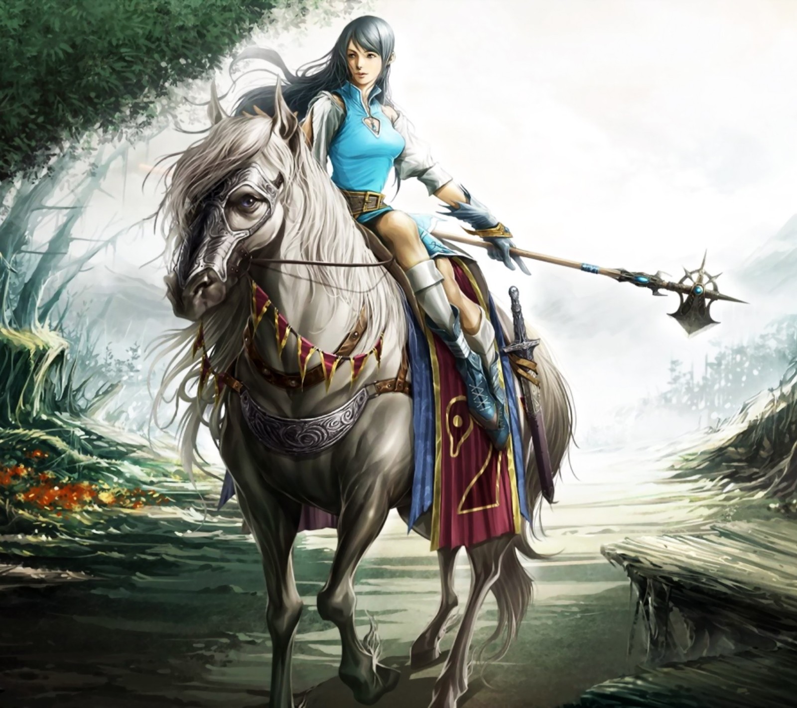 There is a woman riding a horse with a sword in her hand (art, design, fantasy, painting)