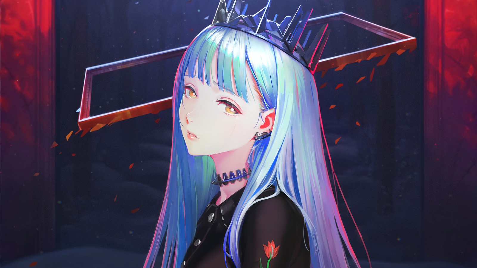 Anime girl with long blue hair and a crown on her head (beautiful, anime girls, blue hair)