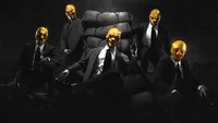 Team of Stylish Heist Characters Dressed in Suits with Gold Skull Masks in a Dark Atmosphere