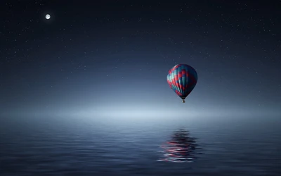 Balão de ar quente deslizando sobre um oceano sereno sob um céu noturno estrelado