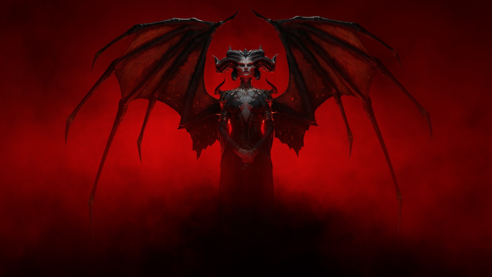 Un primer plano de una estatua de un demonio con un fondo rojo (diablo iv, videojuego, diablo 4, lilith)