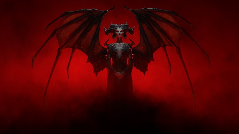 Крупный план статуи демона на красном фоне (diablo iv, видеоигра, diablo 4, лилит)