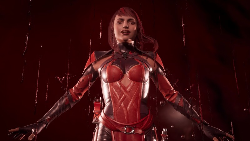 Женщина в красно-черном костюме стоит под дождем (скарлет, skarlet, mortal kombat 11, видеоигра)