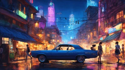 Neon Nights: A Blue Car on a Vibrant City Street