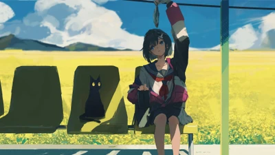 Fille d'anime assise à un arrêt de bus, tenant une écharpe avec un chat noir à ses côtés, sur fond d'un champ jaune vibrant et d'un ciel dramatique.