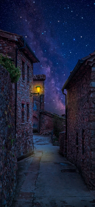 Nuit étoilée sur un charmant ruelle en pierre avec lampadaire et plantes luxuriantes