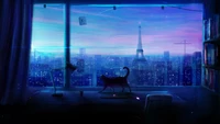 Paisaje urbano nocturno con un gato en estilo anime