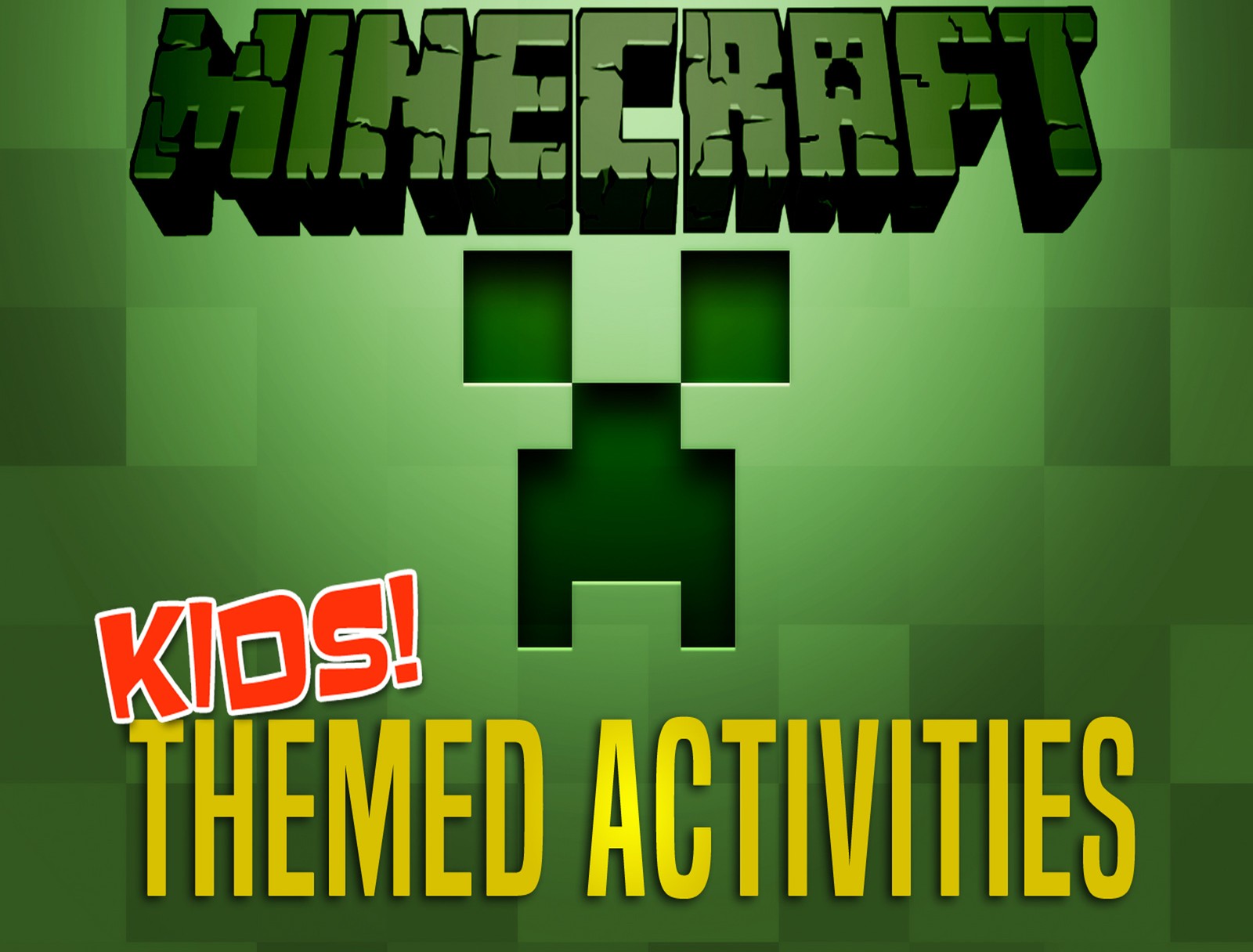 Un fondo verde con un logo de minecraft y un texto que dice actividades temáticas para niños (minecraft, verde, juegos, creeper, juego de supervivencia)