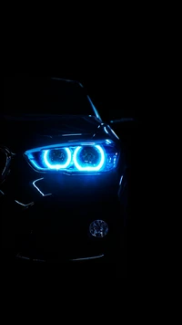 Illuminated Sports Car Front with Blue Headlamps