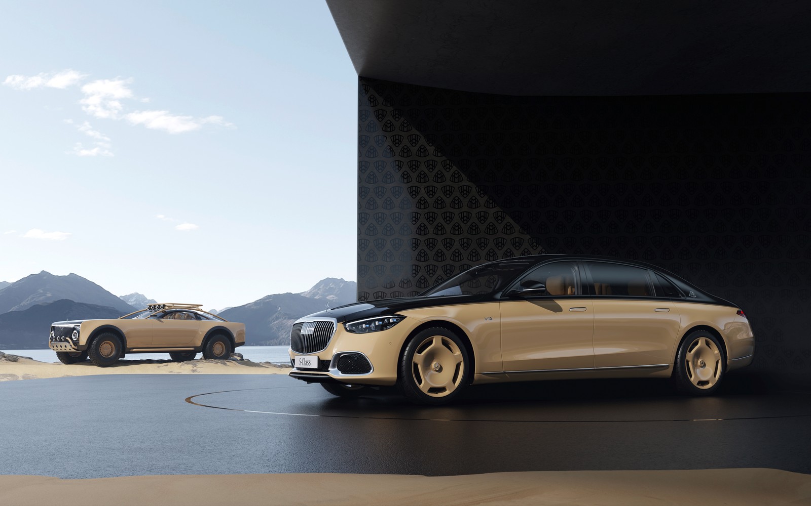 Dois carros estacionados em um estacionamento perto de um prédio (mercedes maybach s class, 5k, projeto maybach com virgil abloh, project maybach with virgil abloh, 2022)