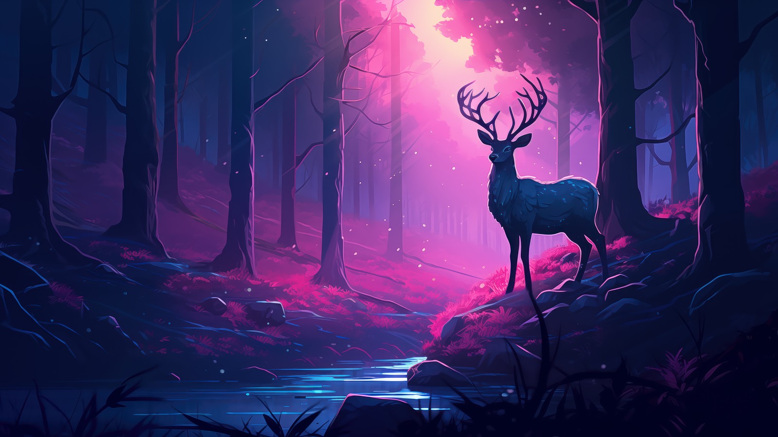 deer, forest, river, digital art wallpaper