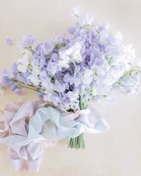 Lavender and white sweet pea bouquet with delicate pastel ribbons, perfect for a wedding.