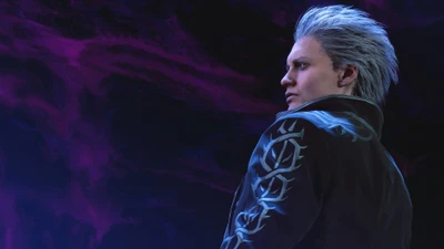 Vergil de Devil May Cry 5 observa intensamente contra um fundo roxo dramático, incorporando uma presença poderosa e enigmática.