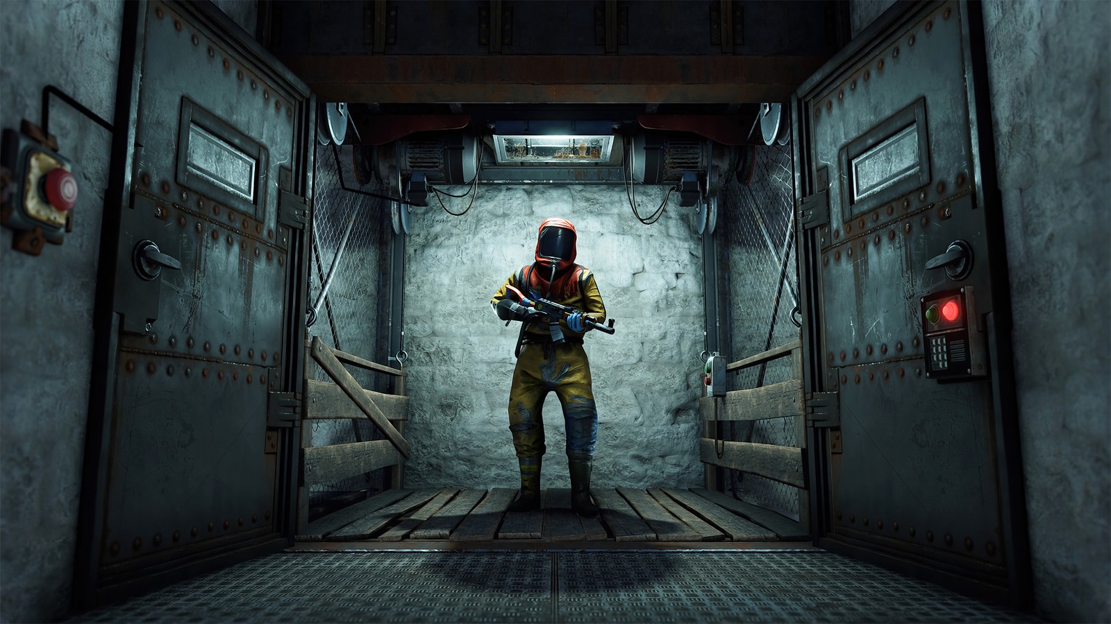 Arafed man in a gas mask standing in a room with a gun (rust, video game, astronaut, suit)