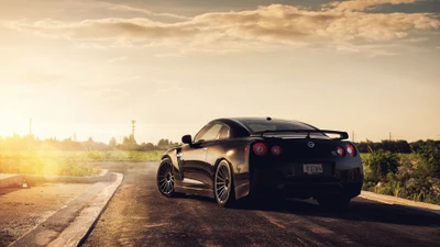 Nissan GT-R Supercar on a Serene Sunset Road.