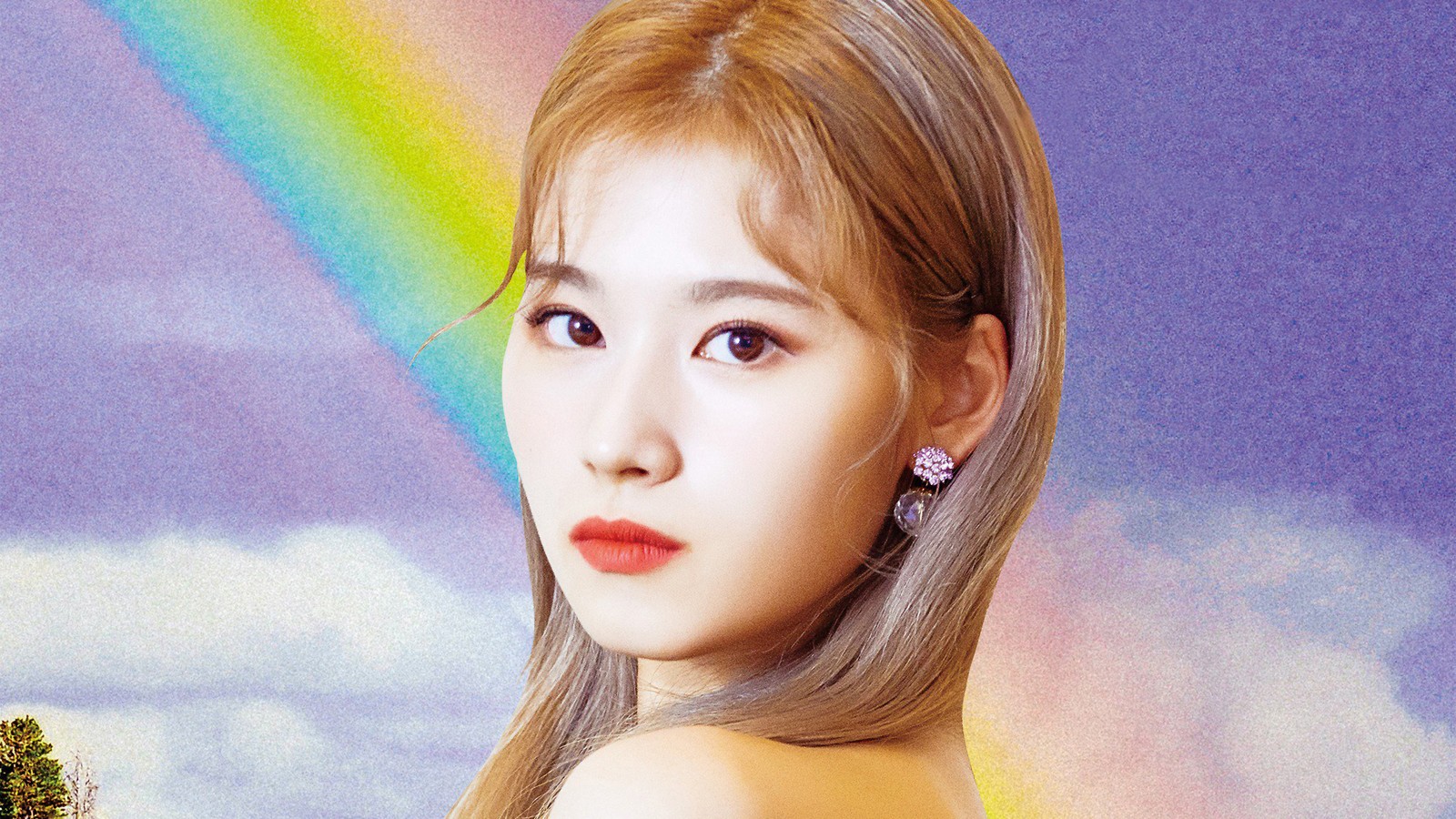 Eine nahaufnahme einer frau mit einem regenbogen im hintergrund (zweimal, kpop, mädchen, schick für dich, sana)