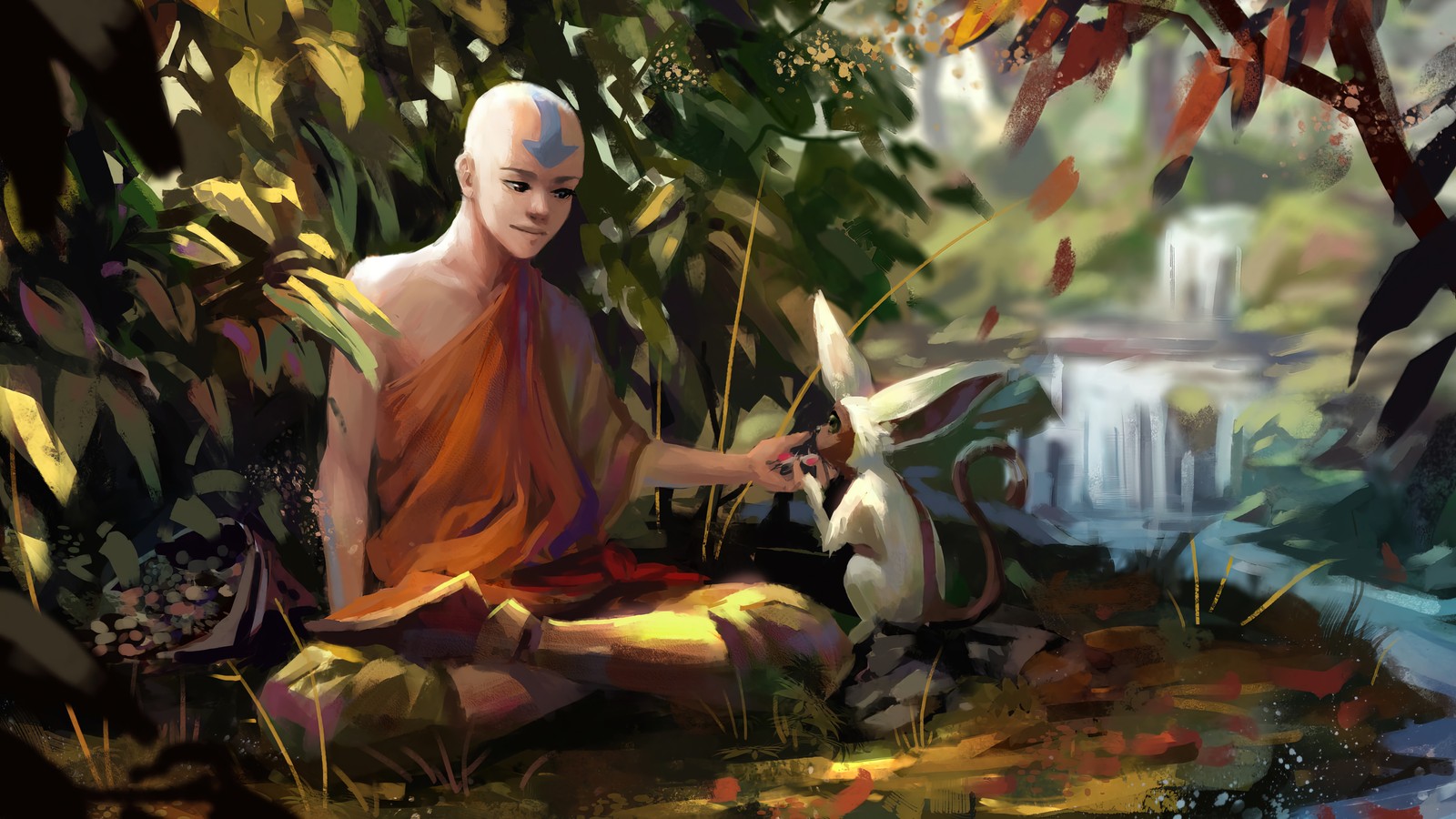 A painting of a monk sitting in the grass with a rabbit (aang, avatar the last airbender, cartoon, tv series, anime)