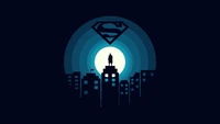 Silueta minimalista de Superman contra un paisaje urbano oscuro