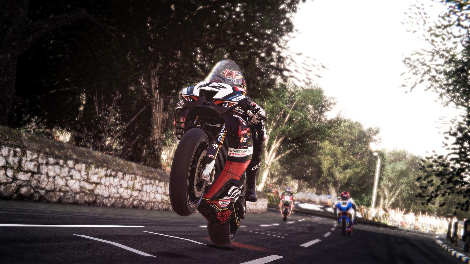 There is a man riding a motorcycle on a street with other people (tt isle of man ride on the edge 3, video game, motorcycle, racing)