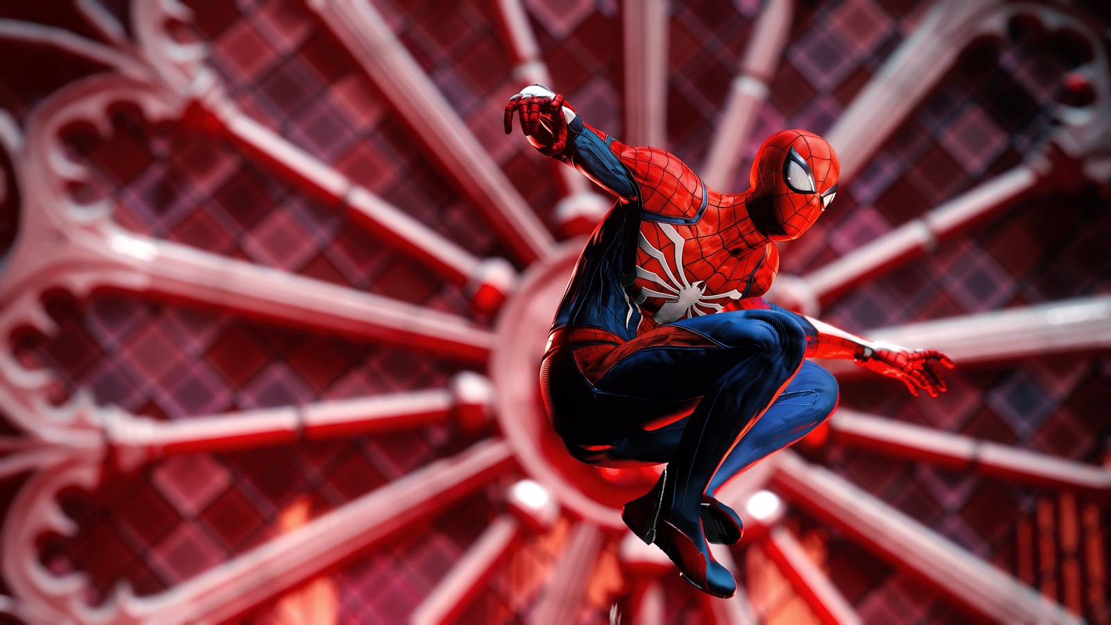 Spider-man en l'air avec un fond rouge (marvels spider man, jeu vidéo, spiderman, jeux, fond décran 4k)