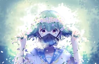 A girl with green hair wearing a gas mask adorned with flowers, standing against a vibrant, dreamy background filled with sunlight and soft blue tones, embodies a blend of nature and surrealism in this captivating anime art.