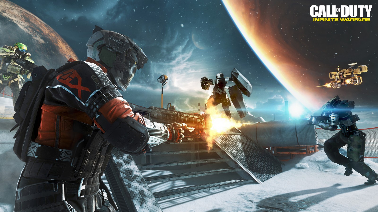 A screenshot of a group of people in a space station (call of duty infinite warfare, titanfall 2, infinity ward, multiplayer video game, activision)