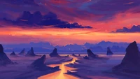 Vibrant Dusk Horizon: A Watercolor-Inspired Landscape of Rocks and Afterglow