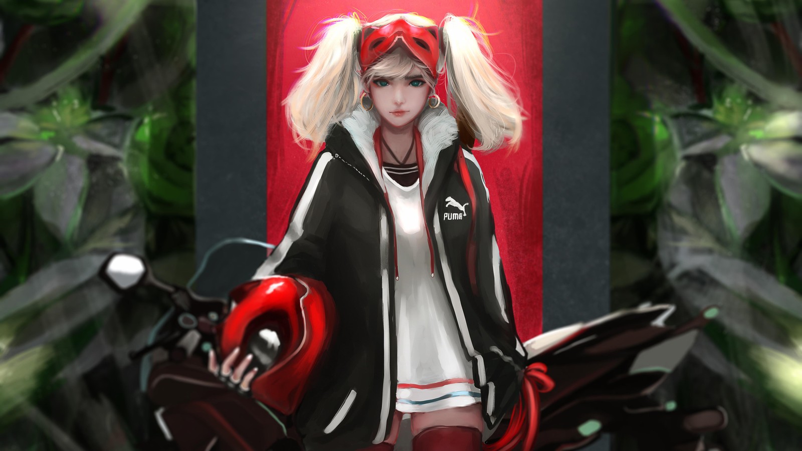 Ein anime-mädchen mit blonden haaren und roter und weißer kleidung sitzt auf einem motorrad (joker, kleidung, kostüm, cosplay, anime)