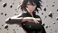 Fubuki de One Punch Man em uma pose dinâmica, cercada por detritos flutuantes, mostrando sua atitude confiante e poderosa presença.