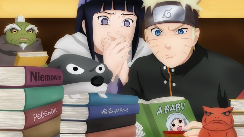 Аниме персонажи сидят перед кучей книг (хината хюга, hinata hyuga, naruto uzumaki, саске учиха, sasuke uchiha)