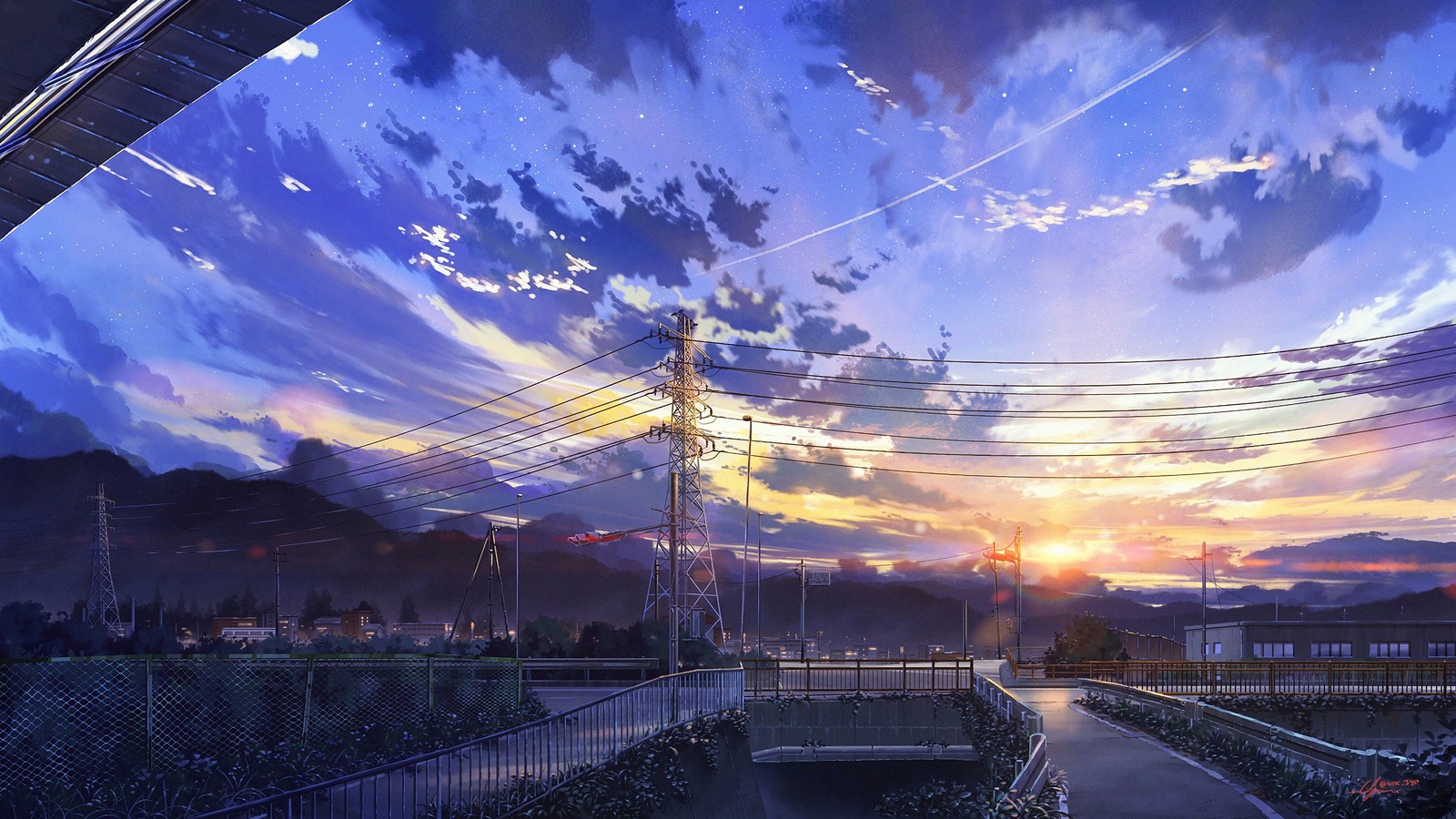 Anime, paisaje de atardecer, cielo, nubes, líneas eléctricas (anime, amanecer, escenario, cielo, nubes)