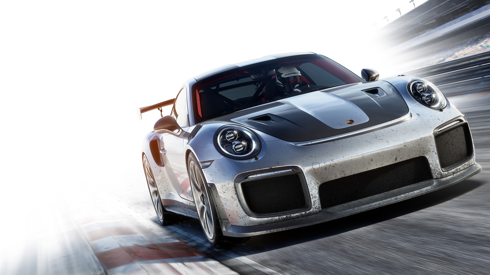 A close up of a car driving on a track with a blurry background (forza motorsport 7, porsche 911 gt2 rs, 5k, 8k, cars)