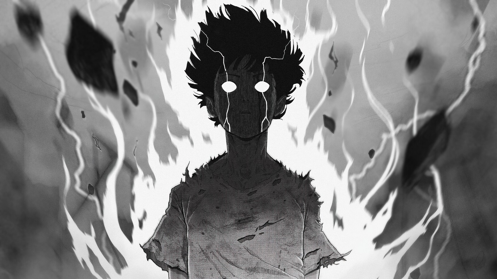 Anime, schwarz-weiß, junge, feuer, augen, haare (shigeo kageyama, wut, mob psycho 100, monochrom, anime)