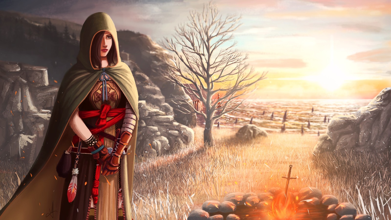 Painting of a woman in a cloak standing in front of a campfire (dark souls ii, dark souls, dark souls iii, video games, bandai namco entertainment)