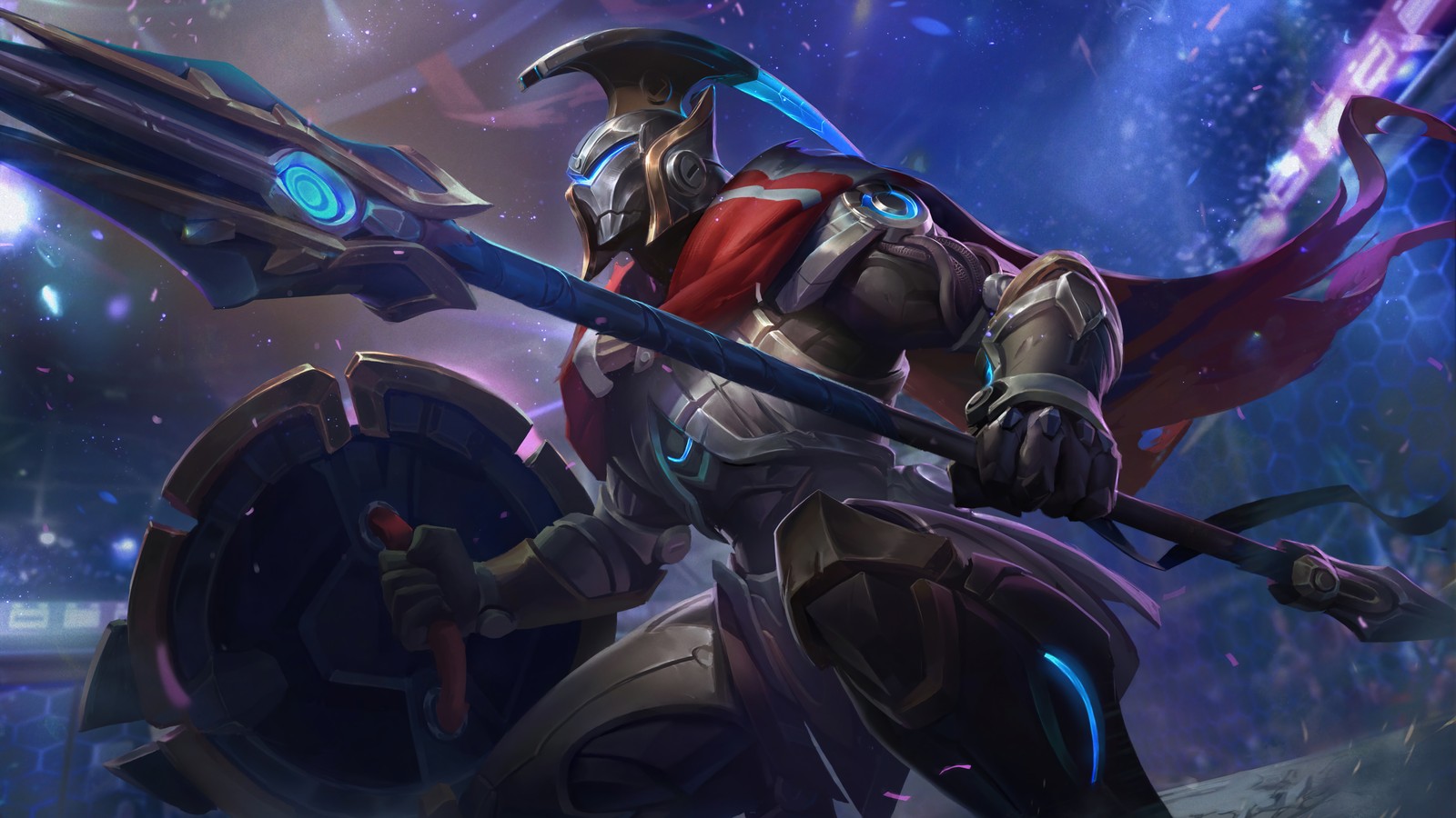 A man in armor holding a sword and shield (full metal, pantheon, skin, splash art, lol)