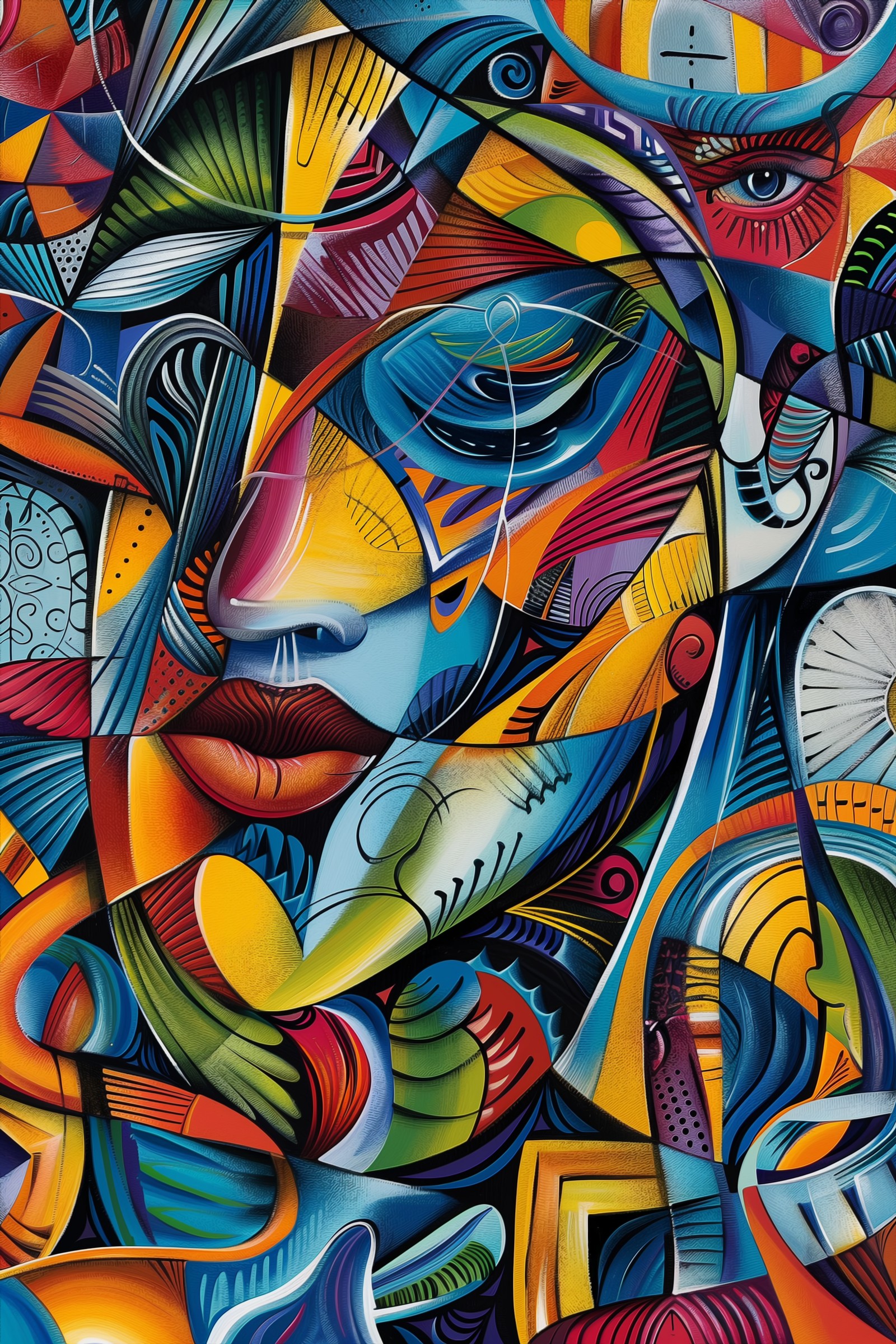 Painting of a colorful abstract painting of a woman's face (painting, visual arts, street art, art, acrylic paint)