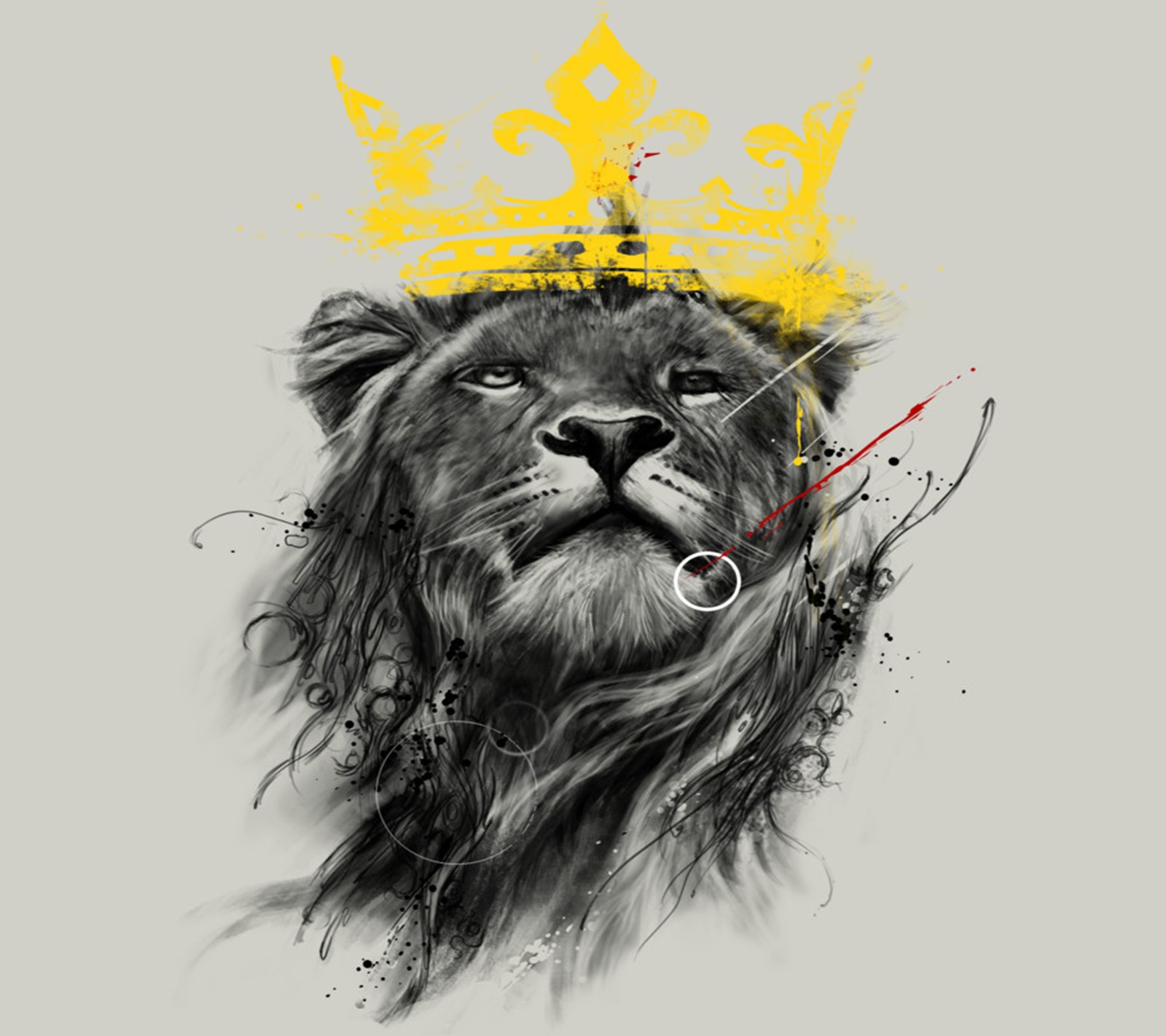 Un dessin en noir et blanc d'un lion avec une couronne sur la tête (roi, le lion)