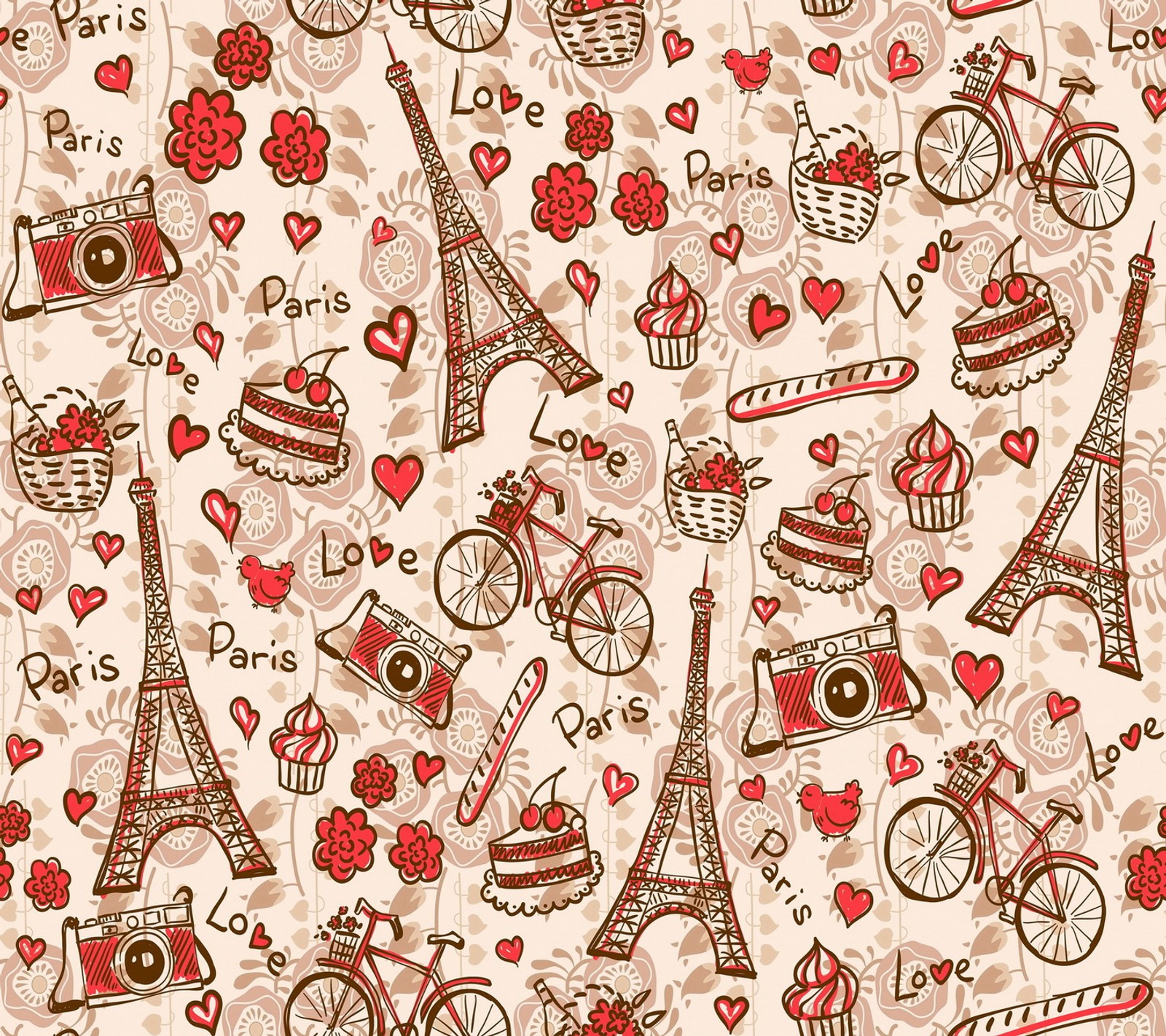 A close up of a pattern of different things on a white background (eiffel, flowers, hearts, paris, pattern)