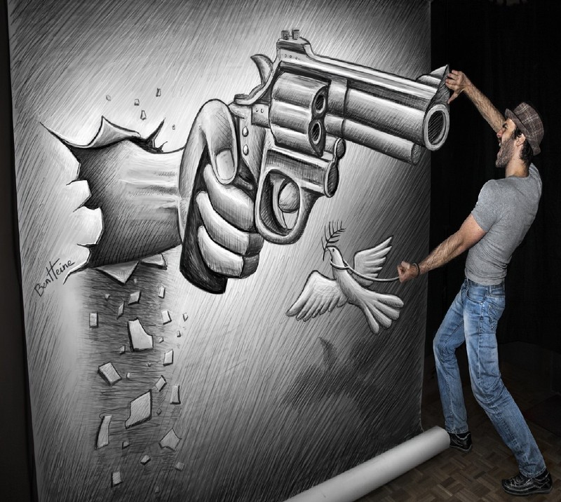 Arafed drawing of a man holding a gun and a bird (graphics)