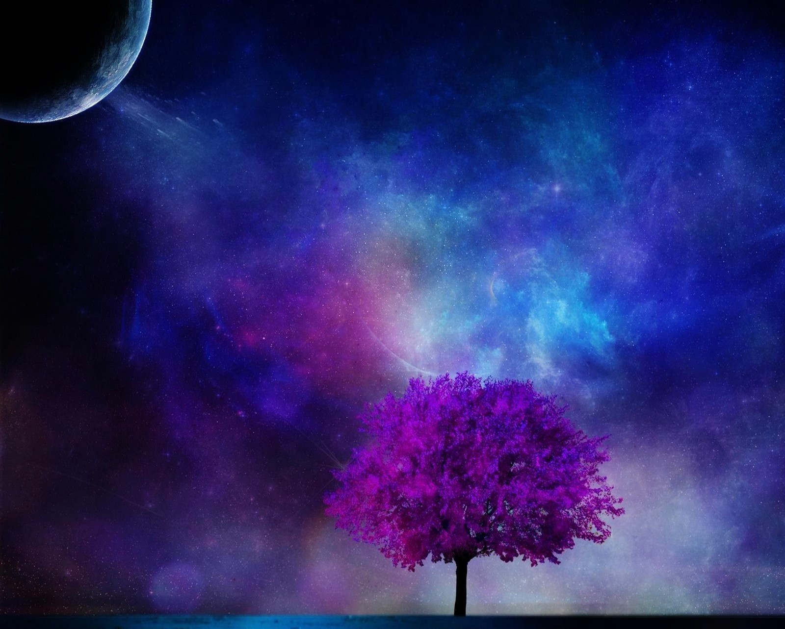 Arbre violet au milieu d'un champ avec une pleine lune en arrière-plan (sombre, galaxie, lune, violet, espace)