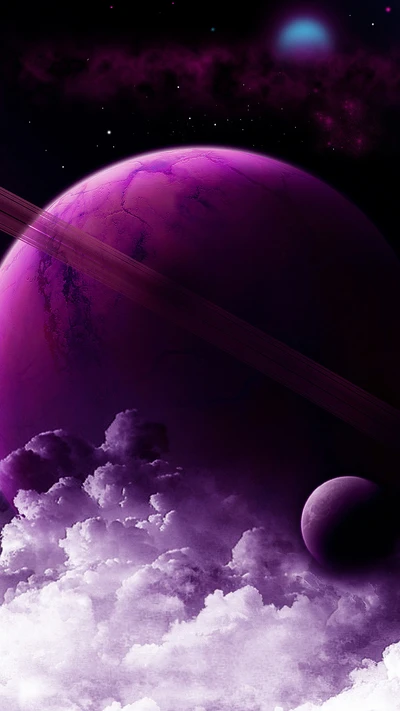 A vibrant purple planet surrounded by clouds and another smaller moon, set against a cosmic backdrop filled with stars and distant celestial bodies.