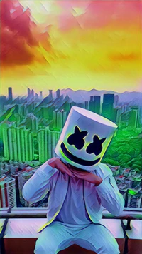 Moment épique de DJ avec Marshmello surplombant la ville