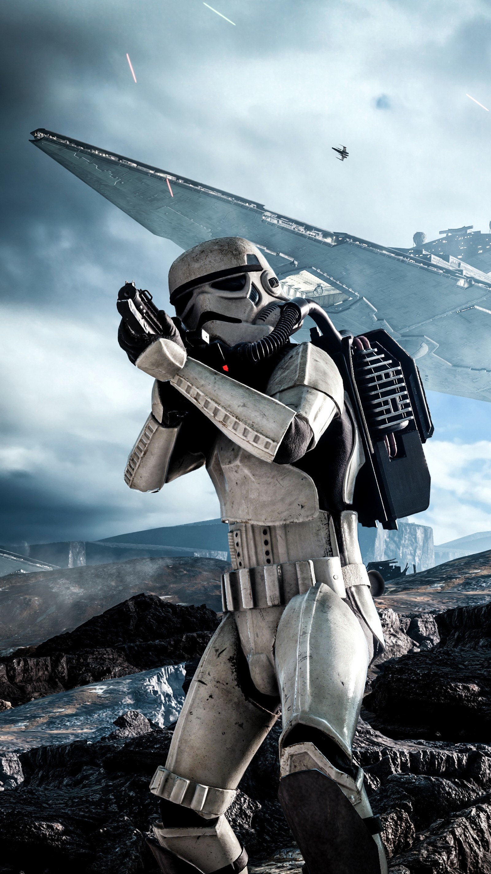 There is a storm trooper holding a gun and a star wars vehicle (game, starwars, stormtrooper)